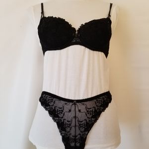 #914BB Authentic 32C Felina Lingerie Black Lace Padded Bra Matching S Thong
